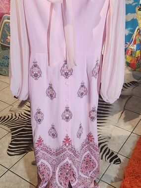 Bohemian Pink Paisley Maxi Dress with Tie Neck